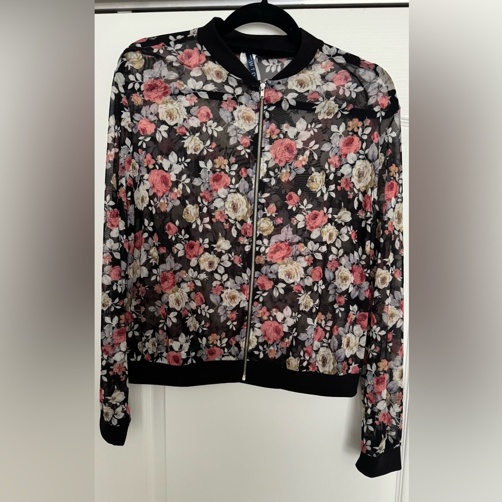 ShopWTD Floral Sheer Long Sleeve Zip Up Top